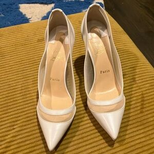 Christian Louboutin White Leather Pointed-Toe Pumps with Sheer Panels